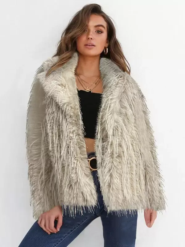 Fringed Faux Fur Coats Notched Lapel Eco-friendly Winter Jacket For Women 2025